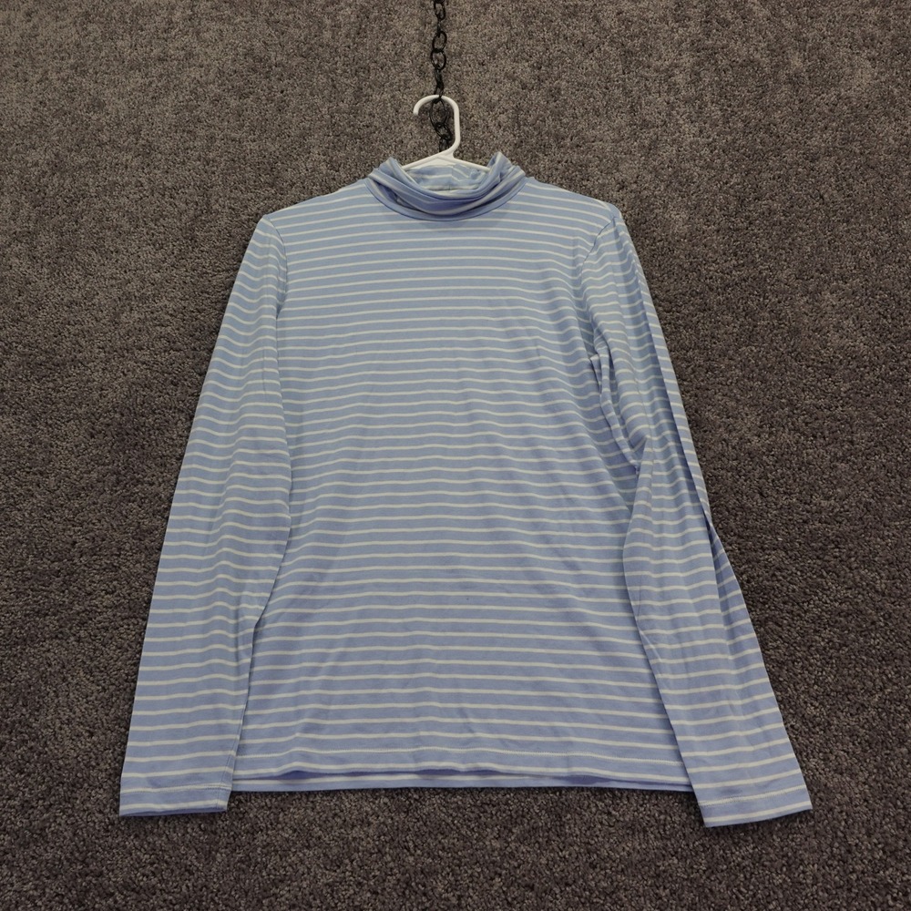 Lands End Turtleneck Womens Medium Blue White Striped Long Sleeve Cotton Top